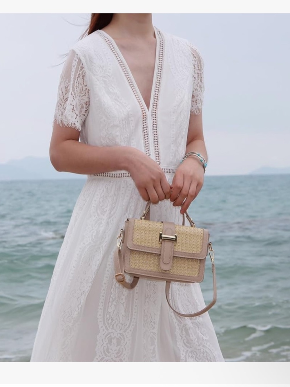 Woven Khaki Top-Handle Crossbody Bag with Detachable Strap - Picture 4 of 6